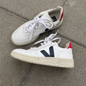 Veja White Leather Sneakers with Navy V and Red Heel Tab